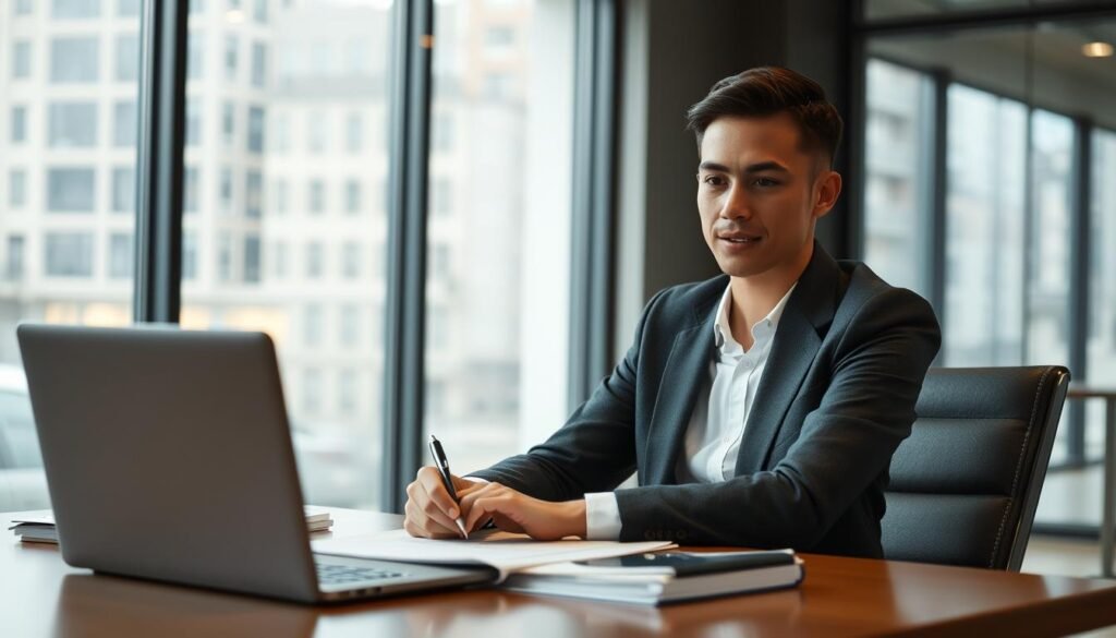 a professional, high-quality photograph of a person sitting at a desk, reviewing loan documents, conveying the concept of private lending. The scene is set in a modern, well-lit office environment, with a large window providing natural illumination. The subject's expression is contemplative, suggesting the careful consideration of financial options. The desk is neatly organized, with a laptop, a stack of papers, and a pen in hand. The background is blurred, keeping the focus on the central figure and the task at hand. The overall mood is one of professionalism and financial deliberation.