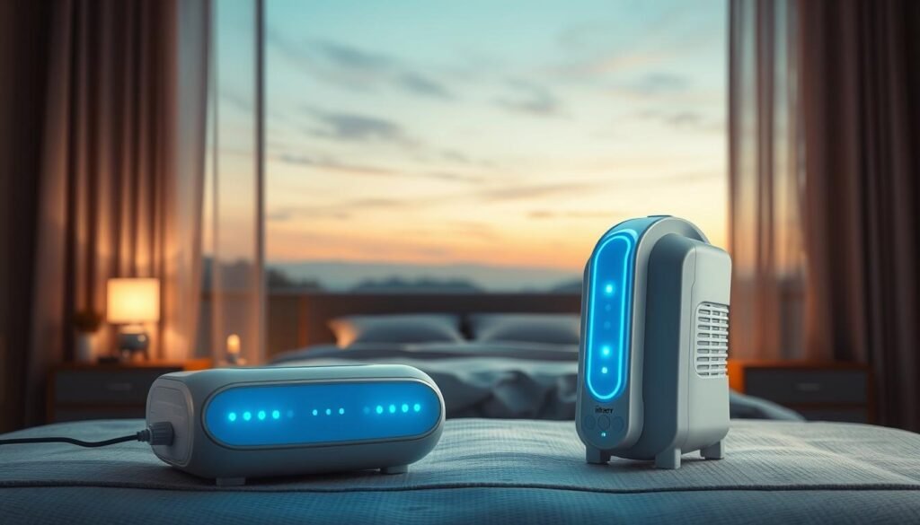 A high-quality, detailed image of a state-of-the-art iCareCPAP sleep apnea machine in a serene, soothing environment. The device is positioned prominently in the foreground, its sleek, modern design and soft blue LED lights conveying a sense of comfort and ease. The middle ground features a peaceful, dimly lit bedroom setting with a cozy bed and nightstand, while the background depicts a calming, pastel-hued landscape with gently rolling hills and a tranquil sky. The overall mood is one of relaxation, highlighting the health benefits of using the iCareCPAP machine for long-term sleep apnea treatment and respiratory function improvement. A high-quality, detailed image of a state-of-the-art iCareCPAP sleep apnea machine in a serene, soothing environment. The device is positioned prominently in the foreground, its sleek, modern design and soft blue LED lights conveying a sense of comfort and ease. The middle ground features a peaceful, dimly lit bedroom setting with a cozy bed and nightstand, while the background depicts a calming, pastel-hued landscape with gently rolling hills and a tranquil sky. The overall mood is one of relaxation, highlighting the health benefits of using the iCareCPAP machine for long-term sleep apnea treatment and respiratory function improvement.