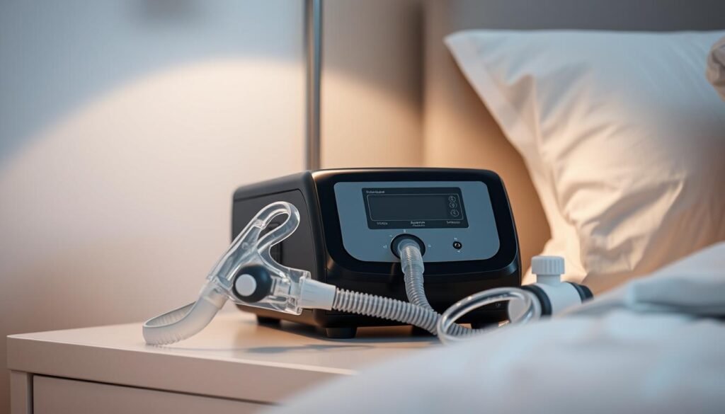 A high-quality medical-grade iCareCPAP sleep apnea machine resting on a nightstand, bathed in soft, indirect lighting. The device features a streamlined, modern design with a sleek black casing and intuitive digital display. Nearby, a breathing mask and tubing are neatly arranged, conveying the machine's purpose of providing comfortable, effective respiratory support during sleep. The background is blurred, allowing the device to be the focal point, emphasizing its essential function in the treatment of sleep-disordered breathing. The overall mood is calm, professional, and informative, reflecting the importance of this medical equipment in improving sleep quality and respiratory health. A high-quality medical-grade iCareCPAP sleep apnea machine resting on a nightstand, bathed in soft, indirect lighting. The device features a streamlined, modern design with a sleek black casing and intuitive digital display. Nearby, a breathing mask and tubing are neatly arranged, conveying the machine's purpose of providing comfortable, effective respiratory support during sleep. The background is blurred, allowing the device to be the focal point, emphasizing its essential function in the treatment of sleep-disordered breathing. The overall mood is calm, professional, and informative, reflecting the importance of this medical equipment in improving sleep quality and respiratory health.