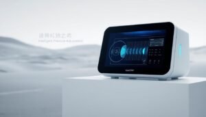 A high-tech medical device displays its innovative pressure regulation technology. In the foreground, the sleek iCareCPAP machine sits atop a minimalist white surface, its clean lines and intuitive interface suggesting advanced engineering. Soft blue lighting emanates from within, casting a serene glow. In the middle ground, stylized graphics depict the machine's intelligent pressure adjustment mechanisms, visualizing the complex algorithms that dynamically optimize airflow. The background features a stark, monochromatic landscape with subtle gradients, emphasizing the technological sophistication of the device. The overall composition conveys a sense of cutting-edge medical innovation, perfectly suited to illustrate the "技術創新" section of the article on intelligent pressure regulation in respiratory devices.