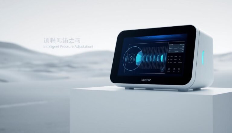 A high-tech medical device displays its innovative pressure regulation technology. In the foreground, the sleek iCareCPAP machine sits atop a minimalist white surface, its clean lines and intuitive interface suggesting advanced engineering. Soft blue lighting emanates from within, casting a serene glow. In the middle ground, stylized graphics depict the machine's intelligent pressure adjustment mechanisms, visualizing the complex algorithms that dynamically optimize airflow. The background features a stark, monochromatic landscape with subtle gradients, emphasizing the technological sophistication of the device. The overall composition conveys a sense of cutting-edge medical innovation, perfectly suited to illustrate the "技術創新" section of the article on intelligent pressure regulation in respiratory devices.