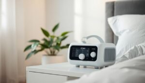 A sleek, modern sleep apnea machine, the iCareCPAP, rests on a bedside table, its clean white and gray design blending seamlessly with the minimalist bedroom decor. Soft, indirect lighting casts a warm glow, creating a peaceful, restful atmosphere. The device's intuitive controls and display are prominently featured, conveying its advanced functionality and intelligent pressure regulation capabilities. In the background, a serene, out-of-focus view of a lush, green plant adds a touch of natural tranquility, complementing the machine's purpose of providing comfortable, restorative sleep.