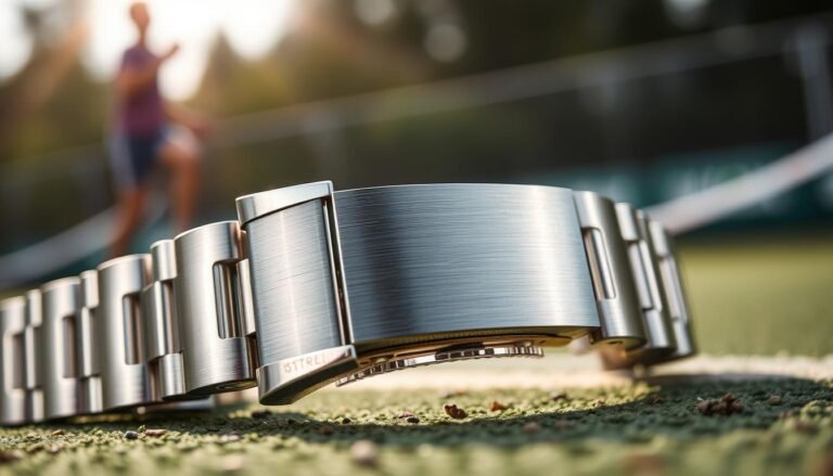 A close-up view of a Rolex watch clasp, showcasing innovative design elements that ensure stability during intense physical activities. The clasp is made of high-grade stainless steel, reflecting light beautifully with a brushed finish and polished accents. The intricate mechanics are highlighted, demonstrating the engineering prowess behind its functionality. In the foreground, the clasp is prominently displayed, artfully positioned at an angle to spotlight its features. The background features a blurred outdoor sports setting, suggesting an active lifestyle, infused with natural lighting that enhances the metallic sheen. The overall mood is one of sophistication and durability, embodying a perfect blend of luxury and performance.