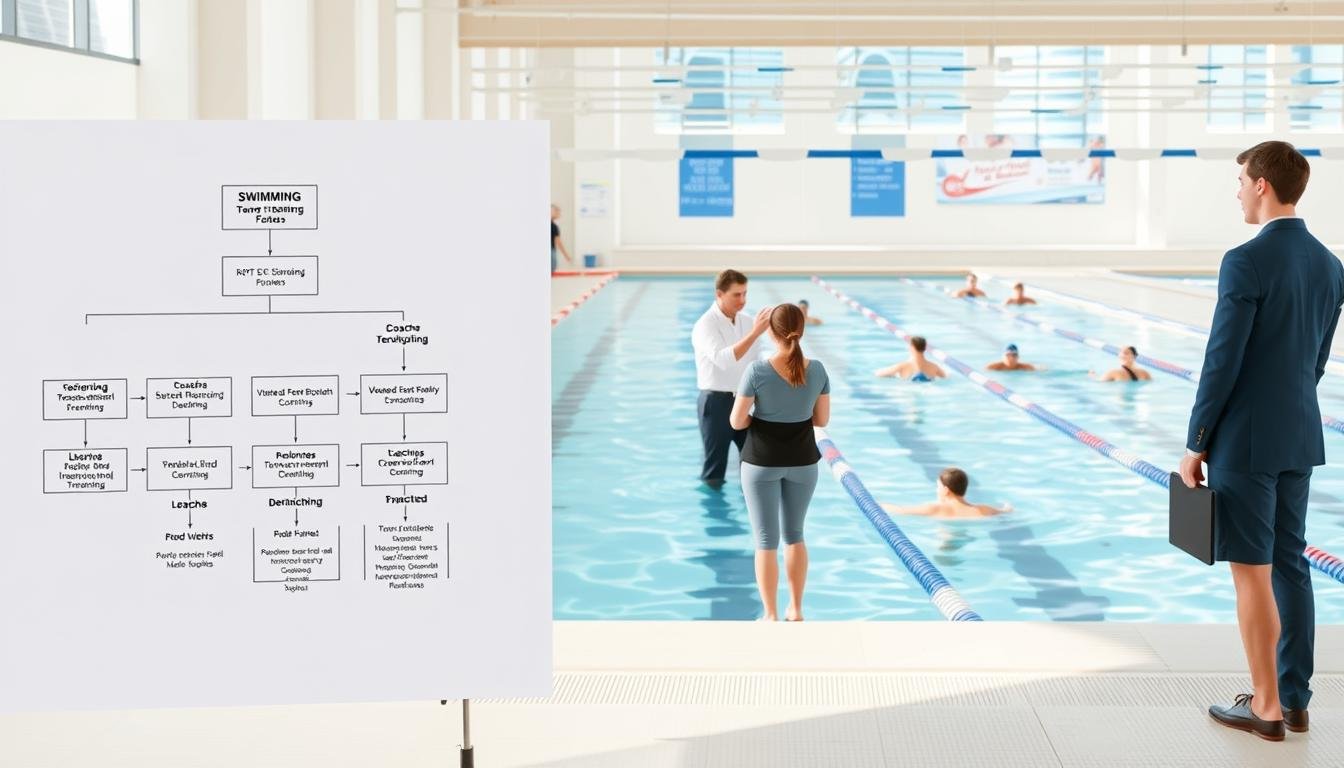 A detailed illustration of the organizational structure of a swimming club, showcasing a professional and formal atmosphere. In the foreground, depict a diagram or flowchart that illustrates various roles such as coaches, trainers, and administrative staff. In the middle ground, include a depiction of a coaching session, with instructors demonstrating techniques to a group of swimmers, all dressed in modest athletic attire. In the background, capture a swimming pool environment with clear water and swimmers in action, emphasizing teamwork and training dynamics. Use soft, natural lighting to create an inviting and focused mood, and a slightly elevated angle to capture the entirety of the scene, emphasizing the layout of the club’s structure and the training environment.