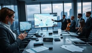 A modern corporate communication center for a security company, featuring diverse professionals in business attire engaged in a serious briefing. In the foreground, a focused woman using a tablet, analyzing live data. Next to her, a man pointing at a digital map displayed on a large screen, illustrating emergency evacuation routes. The middle ground shows a sleek conference table with communication devices and reports scattered around, emphasizing collaboration during emergencies. In the background, large windows reveal a city skyline under dramatic, moody lighting, suggesting urgency. The atmosphere is tense yet organized, highlighting the importance of efficient communication in crisis situations. Use a wide-angle lens to capture the dynamic environment, emphasizing both the people and technology in action.