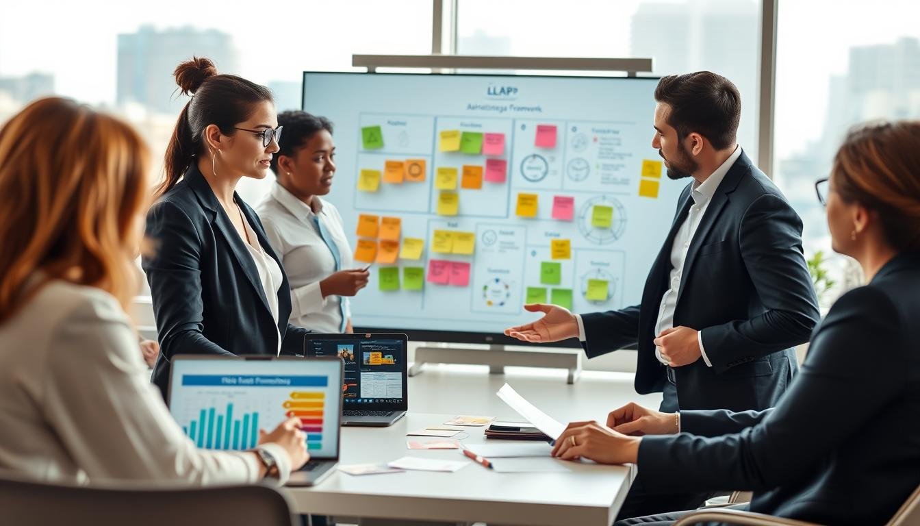 A modern office environment showcasing a diverse team of professionals collaborating on a digital strategy for LINE LAP advertising. In the foreground, a focused woman in smart business attire is presenting a colorful infographic on a laptop about effective advertising frameworks. To her side, a man is taking notes, while another colleague gestures towards a large screen displaying analytics and marketing strategies. The middle ground features a whiteboard filled with colorful sticky notes and diagrams outlining action steps for implementing LINE LAP. Soft, natural lighting fills the room, coming from large windows, creating a bright, optimistic atmosphere. The background hints at city views, emphasizing a dynamic, forward-thinking business landscape. The composition is balanced and visually engaging, conveying a sense of teamwork and innovation in advertising planning.