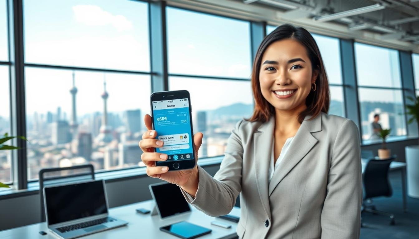 A modern, vibrant office setting showcasing the OceanEsim service for eSIM recommendations in South Korea. In the foreground, a professional-looking woman wearing business attire is prominently holding a smartphone displaying the OceanEsim app interface, with a confident smile. The middle ground features a sleek desk with tech gadgets like tablets and laptops, emphasizing connectivity and innovation. In the background, large windows reveal a scenic view of a bustling Seoul skyline, with clear blue skies and the iconic Namsan Tower. The lighting is bright and welcoming, suggesting productivity and modern technology. The overall mood is dynamic and professional, capturing the essence of advanced travel solutions.