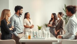 A serene and informative scene showcasing a professional skincare consultation room after CO2 wart removal. In the foreground, a diverse group of three individuals, dressed in smart casual attire, are engaging in discussion, displaying positive and encouraging body language. The middle ground features a well-organized table with skincare products and healing tools, symbolizing the focus on post-treatment care. In the background, soft, diffused lighting highlights soothing pastel colors, with plants subtly placed to enhance the calming atmosphere. The overall mood is supportive and educational, emphasizing recovery and healthy skin maintenance. A modern design aesthetic complements the professional environment, ensuring a clear focus on the subject matter without distractions.