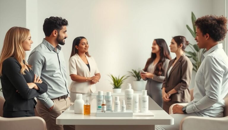 A serene and informative scene showcasing a professional skincare consultation room after CO2 wart removal. In the foreground, a diverse group of three individuals, dressed in smart casual attire, are engaging in discussion, displaying positive and encouraging body language. The middle ground features a well-organized table with skincare products and healing tools, symbolizing the focus on post-treatment care. In the background, soft, diffused lighting highlights soothing pastel colors, with plants subtly placed to enhance the calming atmosphere. The overall mood is supportive and educational, emphasizing recovery and healthy skin maintenance. A modern design aesthetic complements the professional environment, ensuring a clear focus on the subject matter without distractions.
