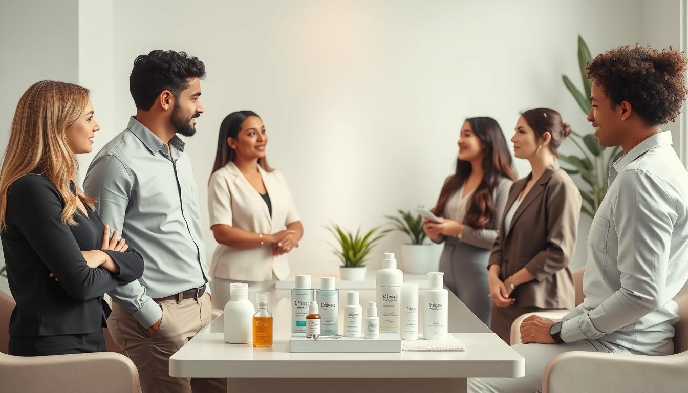 A serene and informative scene showcasing a professional skincare consultation room after CO2 wart removal. In the foreground, a diverse group of three individuals, dressed in smart casual attire, are engaging in discussion, displaying positive and encouraging body language. The middle ground features a well-organized table with skincare products and healing tools, symbolizing the focus on post-treatment care. In the background, soft, diffused lighting highlights soothing pastel colors, with plants subtly placed to enhance the calming atmosphere. The overall mood is supportive and educational, emphasizing recovery and healthy skin maintenance. A modern design aesthetic complements the professional environment, ensuring a clear focus on the subject matter without distractions.