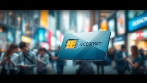 A sleek and modern digital SIM card, labeled "OceanEsim", prominently displayed in the foreground. The card is shown at an angle to highlight its glossy, high-tech design and detailed circuitry. Surrounding the SIM card, depict a blurred background of a bustling urban environment, illustrating connectivity and mobility, with subtle hints of people engaging with mobile devices. Soft, natural lighting enhances the card's features, creating reflections and shadows that emphasize its sleekness. The atmosphere is vibrant and innovative, suggesting a sense of ease and modernity in digital communication. Use a shallow depth of field to keep the focus on the SIM card while softly blurring the background, conveying a professional and polished aesthetic.