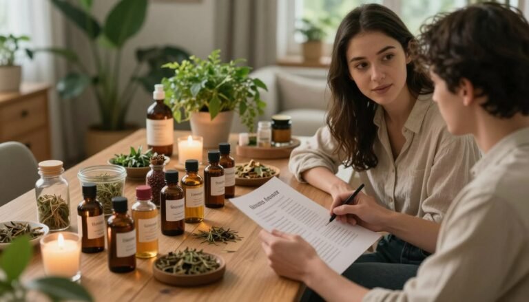 A beautifully arranged tabletop featuring a variety of herbal remedies and spring tonic bottles, each labeled delicately but without text. In the foreground, a couple dressed in modest casual clothing studies a printed guideline, exchanging thoughtful glances. The middle ground has soft lighting highlighting natural wooden textures and cozy candles, enhancing the intimate atmosphere. In the background, lush green plants and soft fabrics create a romantic setting, reminiscent of a peaceful home. The image captures warmth and connection, illustrating how spring tonics can be explored together, promoting a sense of comfort and discovery. The overall mood is cinematic and inviting, with a 4:3 aspect ratio.