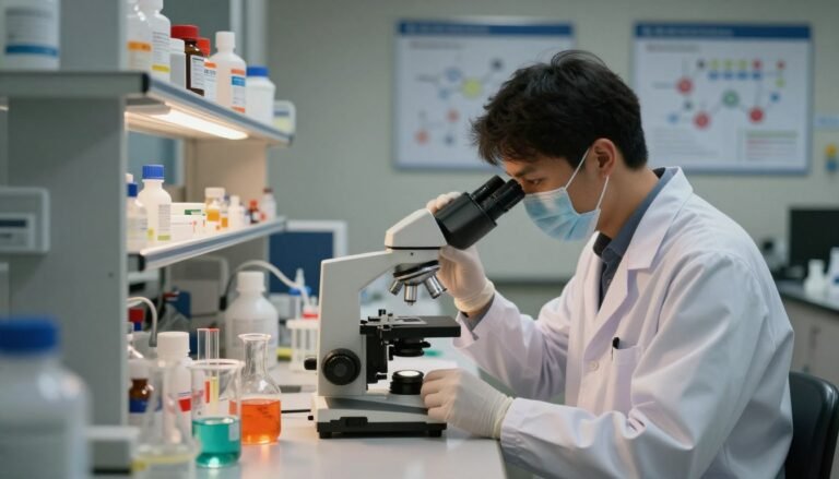 A detailed laboratory setting focused on the analysis of delayed spray ingredients, featuring a scientist in a professional lab coat, examining samples under a microscope. The foreground showcases scientific instruments like beakers and test tubes filled with colorful liquids. The middle ground includes shelves lined with chemical compounds and safety equipment, while the background highlights a wall of charts and graphs displaying chemical structures and safety assessments. Soft, warm lighting illuminates the workspace, creating a cozy and intimate atmosphere. The image captures a professional, focused mood that reflects the dedication to safety and thorough analysis. The composition is framed in a 4:3 aspect ratio, emphasizing the intricate details of the lab environment.