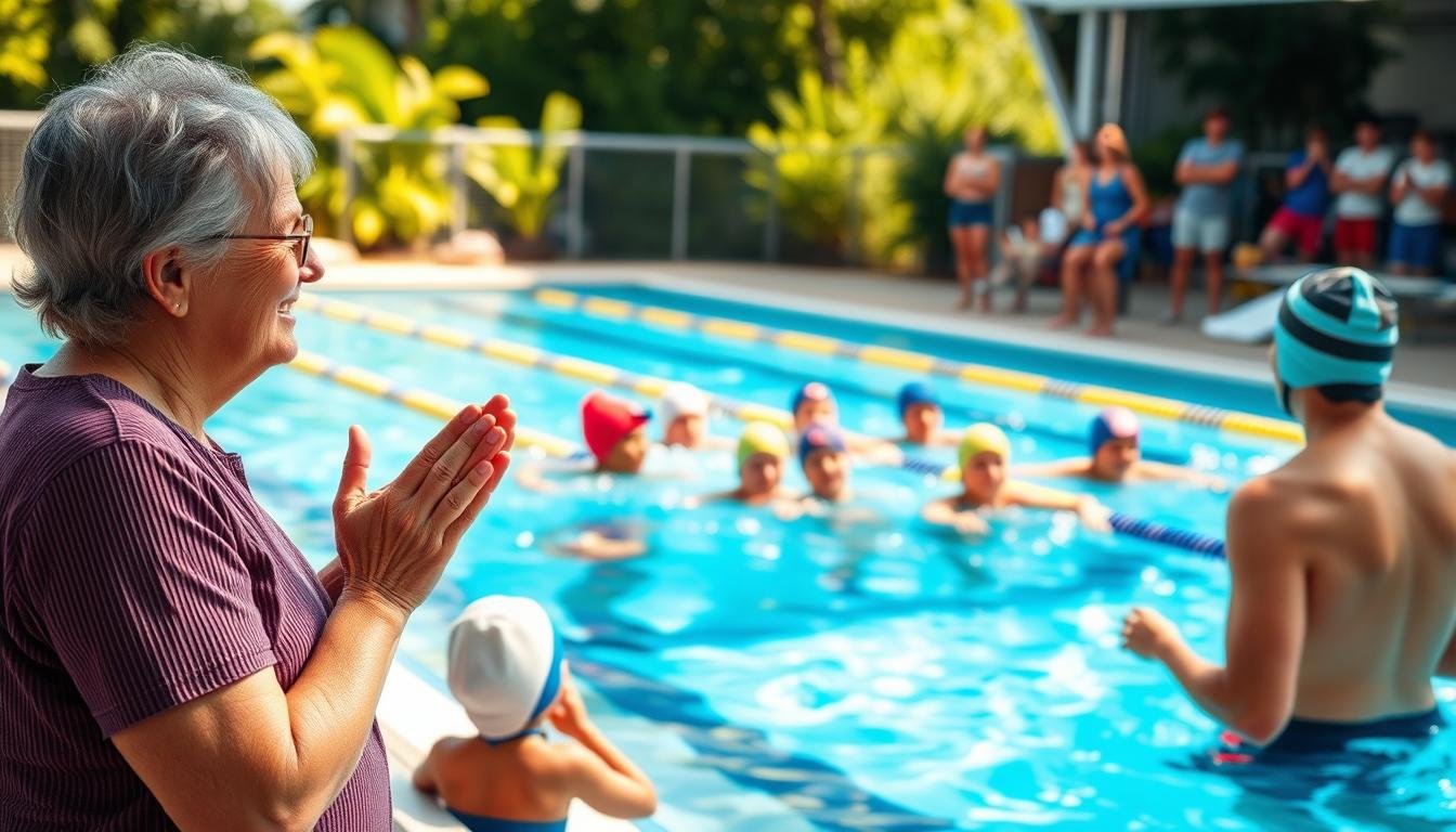 A heartwarming scene at a swimming pool where a supportive parent watches their child take swimming lessons. In the foreground, the parent, a caring figure dressed in modest casual clothing, is clapping and smiling encouragingly. The middle ground features a group of young children in colorful swim caps enthusiastically practicing their strokes under the watchful eye of a professional swim instructor. The background displays a bright, inviting pool with sunlight reflecting on the water's surface, surrounded by greenery and cheering spectators. The atmosphere is filled with joy and excitement, capturing the essence of parental involvement in swimming events. The image is brightly lit, emphasizing a sense of community and encouragement, shot from a slightly elevated angle to encompass both the parent and the swimming activities.