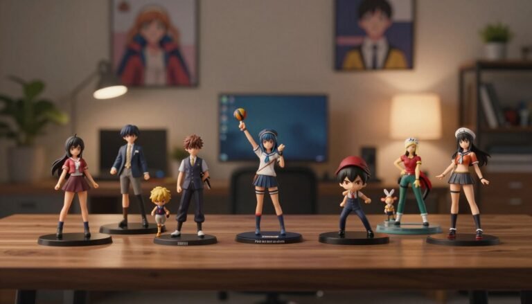 A professional analysis illustration of various anime toy brands and their unique features, showcasing a stylishly arranged comparison. In the foreground, display an elegant wooden table with several distinct anime figurines, each representing a different brand, placed symmetrically for visual harmony. The middle ground features a soft-focus backdrop of a cozy office space, adorned with subtle anime-themed artwork on the walls and warm ambient lighting, creating a friendly atmosphere. Include a softly lit lamp casting gentle shadows, enhancing the mood. Capture the scene with a slight overhead angle to emphasize the toys and the details of their craftsmanship, while maintaining a cinematic vibe that conveys professionalism and warmth. The image should be rich in color yet calm, evoking a sense of appreciation for the artistry behind these brands.
