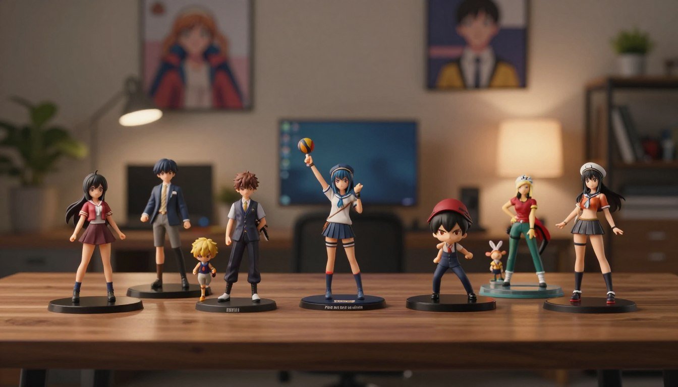 A professional analysis illustration of various anime toy brands and their unique features, showcasing a stylishly arranged comparison. In the foreground, display an elegant wooden table with several distinct anime figurines, each representing a different brand, placed symmetrically for visual harmony. The middle ground features a soft-focus backdrop of a cozy office space, adorned with subtle anime-themed artwork on the walls and warm ambient lighting, creating a friendly atmosphere. Include a softly lit lamp casting gentle shadows, enhancing the mood. Capture the scene with a slight overhead angle to emphasize the toys and the details of their craftsmanship, while maintaining a cinematic vibe that conveys professionalism and warmth. The image should be rich in color yet calm, evoking a sense of appreciation for the artistry behind these brands.