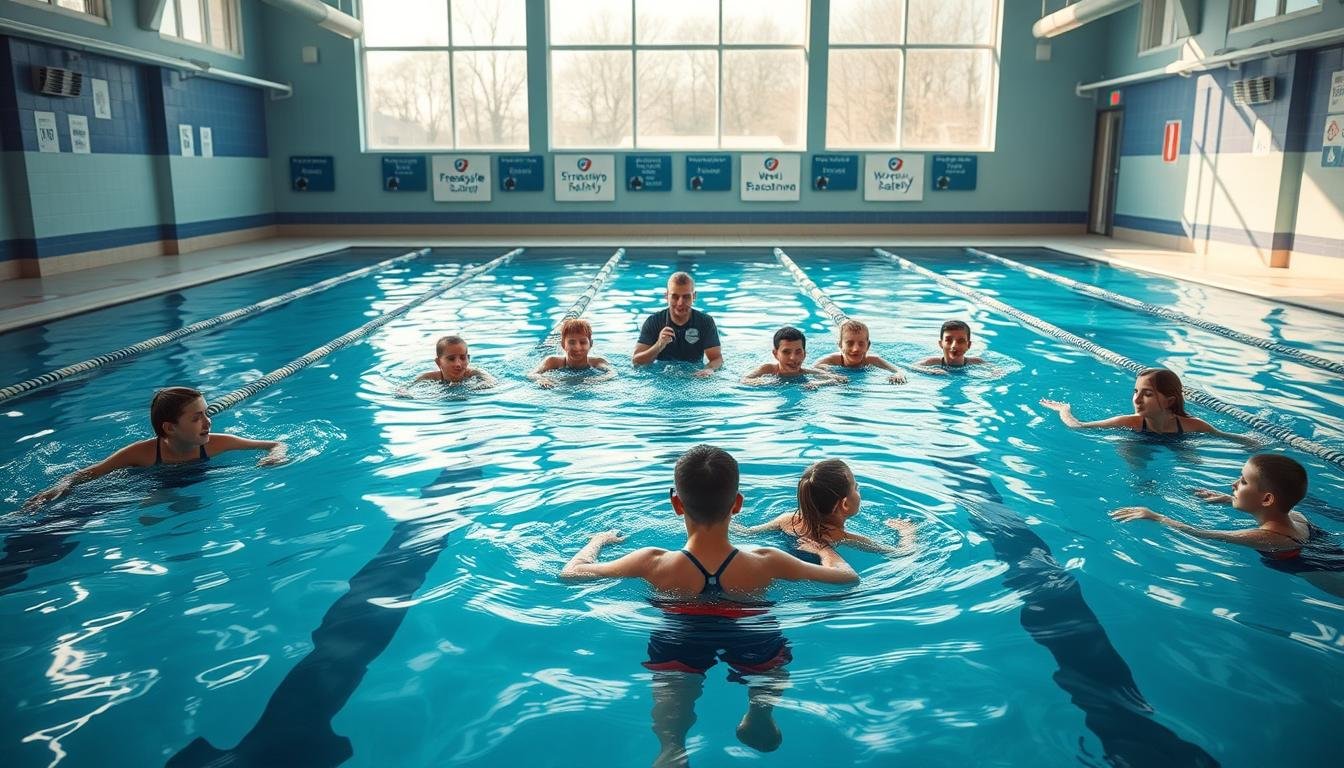 A vibrant indoor swimming pool environment showcasing a structured swimming class in action. In the foreground, a professional instructor is guiding a small group of diverse students, all dressed in modest swim attire, demonstrating proper techniques. The middle of the scene features well-organized lanes marked for various skill levels, with students practicing strokes under attentive supervision. In the background, there are clear signs indicating different training content like “freestyle,” “backstroke,” and “water safety.” Soft, natural lighting filters through large windows, reflecting off the water’s surface, creating a warm and inviting atmosphere. The composition should capture a sense of focus and dedication in this winter swimming class, emphasizing the importance of year-round aquatic skills.
