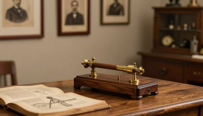 A vintage medical device resembling an early vibration therapy instrument, intricately designed with a polished wood finish and brass components, sits prominently on a wooden table in a softly-lit room. In the foreground, an antique medical manual opens beside the device, showing faded illustrations of its usage. In the middle ground, a neutral-colored wall displays framed historical photographs of early medical practices and devices, adding depth to the scene. The background includes a faint silhouette of a medical cabinet filled with various historical tools and gadgets, slightly blurred to maintain focus on the device itself. Warm, ambient lighting creates a cozy, nostalgic atmosphere, evoking curiosity about the origins and development of this medical innovation. The composition is shot from a slightly elevated angle to capture all elements harmoniously in a 4:3 aspect ratio.