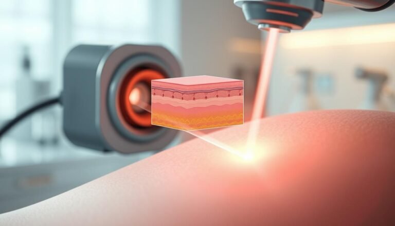 A detailed illustration depicting the principle of pico second laser technology for skin blemish removal. In the foreground, visualize a close-up view of a laser device emitting a focused beam of light onto a skin surface, highlighting the precision and energy of the laser. The middle layer should include a schematic representation of skin layers, illustrating how the laser targets pigments and stimulates the healing process. The background should be softly blurred to create depth, featuring a scientific laboratory setting with soft, diffused lighting. Use a slightly high-angle perspective to enhance the technical aspect. The overall mood should be clinical yet innovative, emphasizing advanced technology in skincare. No text or branding should be present in the image.