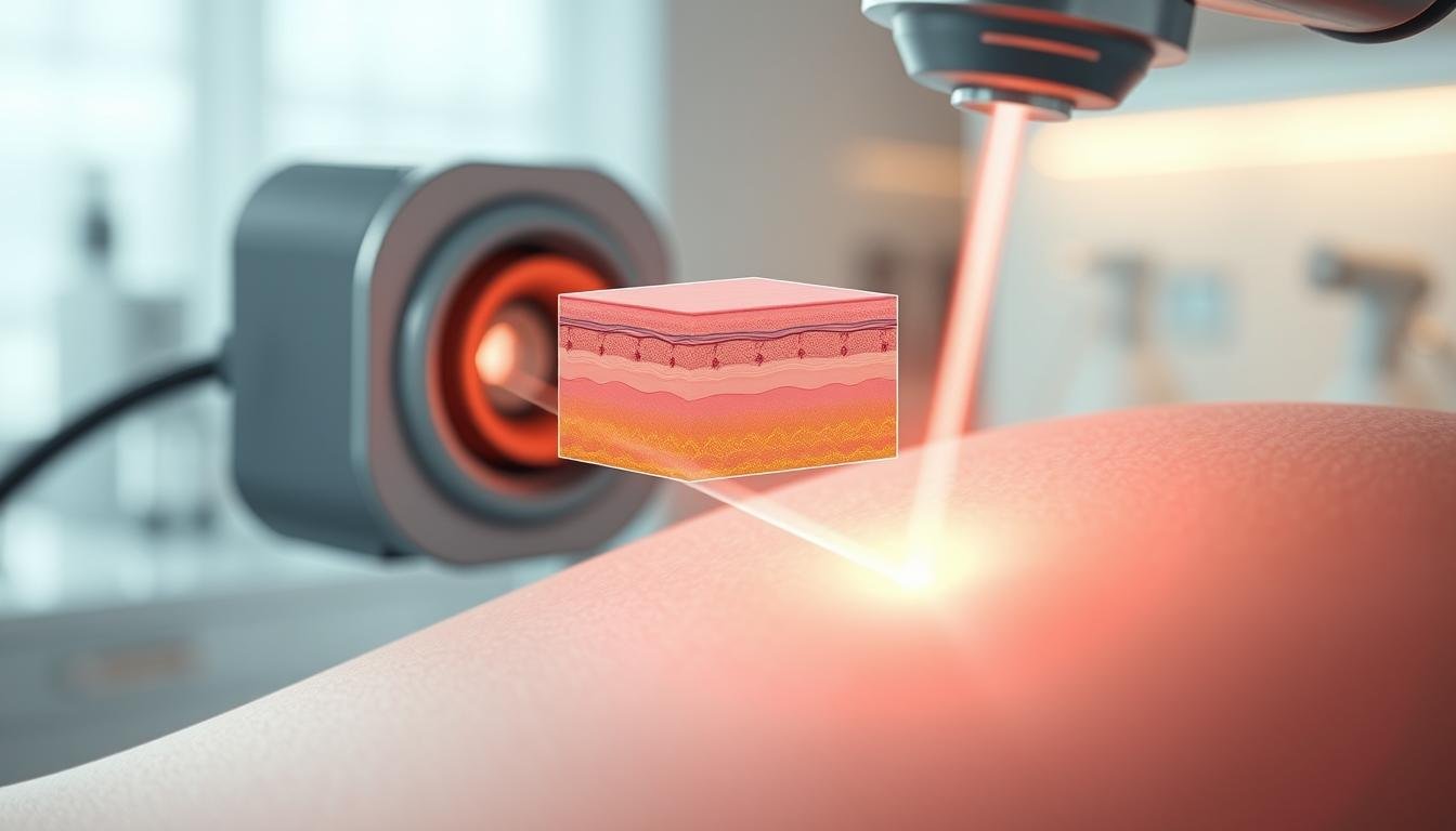 A detailed illustration depicting the principle of pico second laser technology for skin blemish removal. In the foreground, visualize a close-up view of a laser device emitting a focused beam of light onto a skin surface, highlighting the precision and energy of the laser. The middle layer should include a schematic representation of skin layers, illustrating how the laser targets pigments and stimulates the healing process. The background should be softly blurred to create depth, featuring a scientific laboratory setting with soft, diffused lighting. Use a slightly high-angle perspective to enhance the technical aspect. The overall mood should be clinical yet innovative, emphasizing advanced technology in skincare. No text or branding should be present in the image.