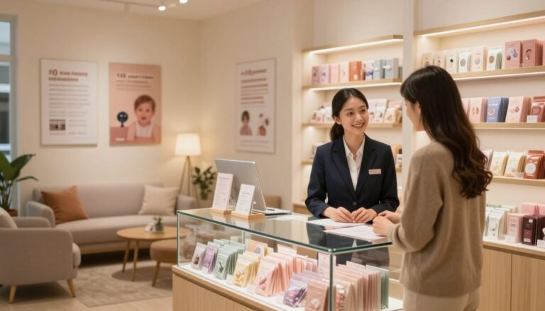 A serene and modern adult toy shop interior, emphasizing safety and privacy in transactions. In the foreground, a glass display case showcases discreetly packaged products, with a friendly staff member in professional attire assisting customers at the counter. The middle ground features a cozy seating area with soft lighting, creating an inviting atmosphere. In the background, posters highlighting privacy protection measures adorn the walls, while elegant shelving neatly organizes products. The warm light casts a calming glow throughout the space, evoking an air of professionalism and trust. The overall mood is reassuring and respectful, encouraging a safe shopping experience. The image should be framed in a 4:3 aspect ratio to capture the essence of the setting.