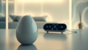 A sleek, modern design of a wireless remote-controlled silent vibrating egg, showcasing its innovative technology and unique design concept. In the foreground, focus on the product with a glossy finish, emphasizing its smooth contours and ergonomic shape. The middle ground features an interactive remote control with sleek buttons, highlighting its user-friendly interface. In the background, a soft-focus tech-inspired environment sets a high-tech atmosphere, with subtle LED lighting enhancing the sleek aesthetic. Employ soft, diffused lighting to create a calming mood, and use a shallow depth of field to draw attention to the product. The overall color palette should be elegant, with chic shades of silver and black, conveying a sense of sophistication and modernity.