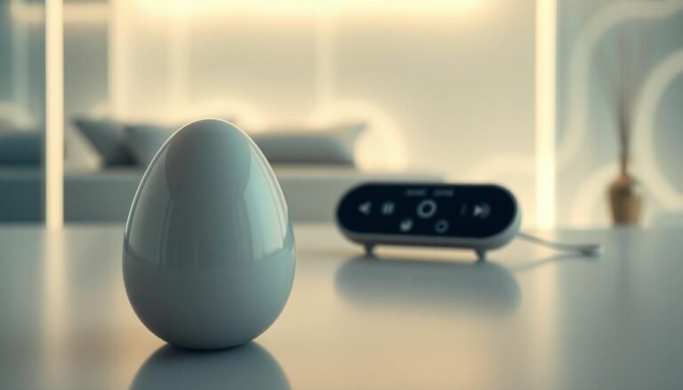 A sleek, modern design of a wireless remote-controlled silent vibrating egg, showcasing its innovative technology and unique design concept. In the foreground, focus on the product with a glossy finish, emphasizing its smooth contours and ergonomic shape. The middle ground features an interactive remote control with sleek buttons, highlighting its user-friendly interface. In the background, a soft-focus tech-inspired environment sets a high-tech atmosphere, with subtle LED lighting enhancing the sleek aesthetic. Employ soft, diffused lighting to create a calming mood, and use a shallow depth of field to draw attention to the product. The overall color palette should be elegant, with chic shades of silver and black, conveying a sense of sophistication and modernity.