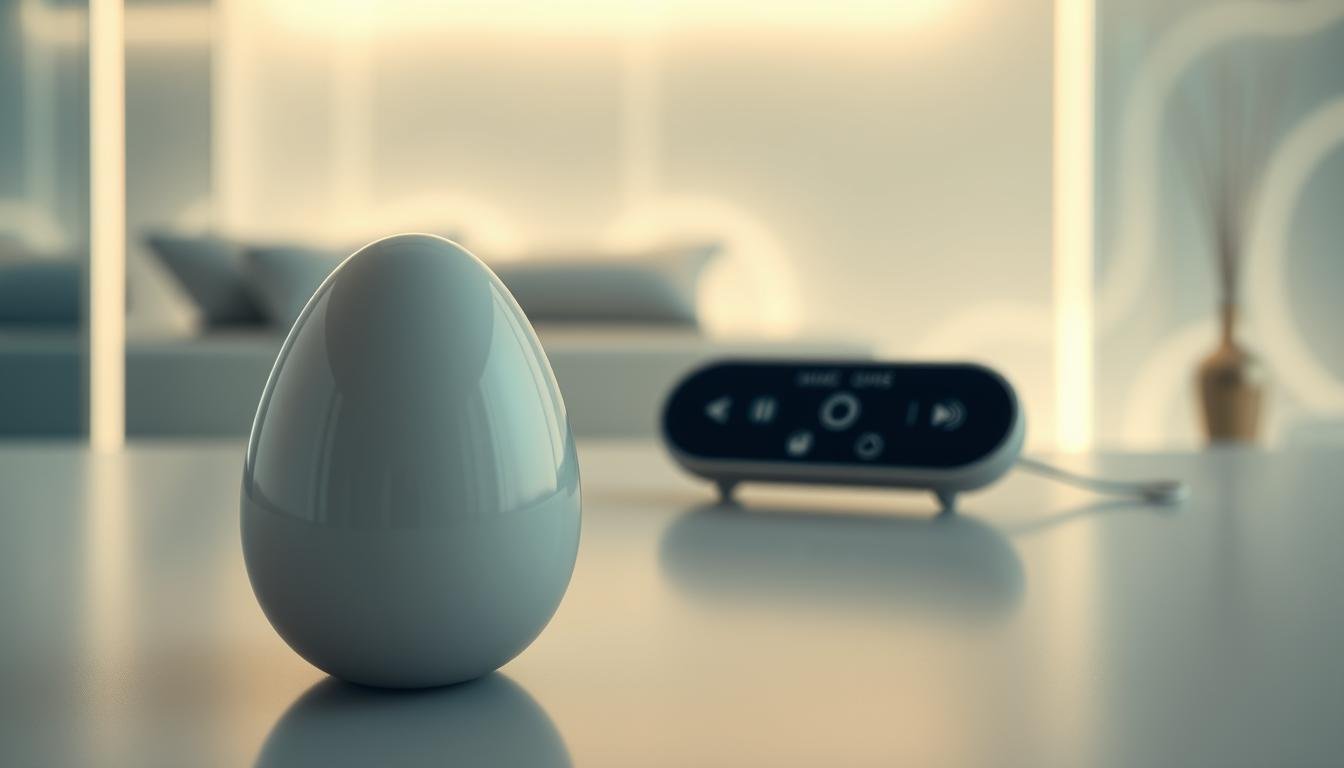 A sleek, modern design of a wireless remote-controlled silent vibrating egg, showcasing its innovative technology and unique design concept. In the foreground, focus on the product with a glossy finish, emphasizing its smooth contours and ergonomic shape. The middle ground features an interactive remote control with sleek buttons, highlighting its user-friendly interface. In the background, a soft-focus tech-inspired environment sets a high-tech atmosphere, with subtle LED lighting enhancing the sleek aesthetic. Employ soft, diffused lighting to create a calming mood, and use a shallow depth of field to draw attention to the product. The overall color palette should be elegant, with chic shades of silver and black, conveying a sense of sophistication and modernity.