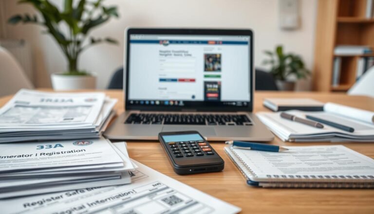 A focused scene depicting the preparation materials for registering as a member of 3A Entertainment City. In the foreground, arrange neatly organized registration documents, including forms, identification copies, and a smartphone displaying the 3A website. In the middle, include a professional workspace with a laptop open to the registration page, alongside tools like a pen, calculator, and a notepad filled with notes. The background should feature a softly lit office environment with a hint of greenery from a potted plant and a blurred bookshelf. Utilize warm, inviting lighting to create a friendly, professional atmosphere. Capture this from a slightly elevated angle, ensuring clarity in details and an overall sense of organization and readiness.