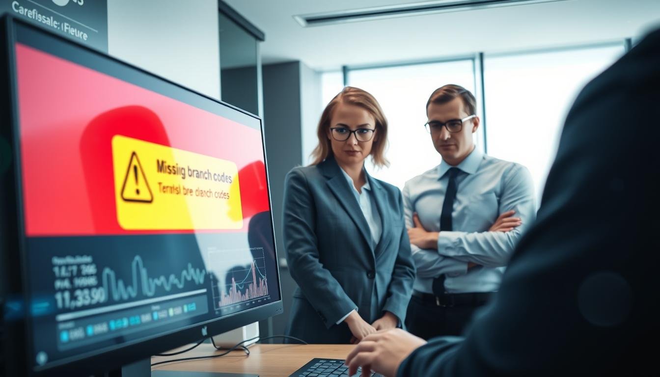 A high-tech financial system interface illustrating the importance of branch codes in online transactions. In the foreground, a sleek computer screen displays a warning alert message indicating a missing branch code, with vivid colors of red and yellow to emphasize urgency. In the middle, professional business personnel in smart attire are intently reviewing the screen, showcasing expressions of concern and focus. The background features a modern office environment with soft, diffused lighting to create a calm yet serious atmosphere. Elements like financial graphs and digital security icons subtly reinforce the theme of safety and compliance in money management. The overall mood should convey professionalism and the critical need for accuracy in financial transactions.