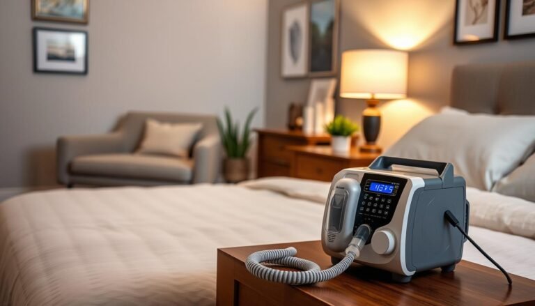 A well-organized bedroom setup featuring a sleep apnea machine prominently placed on a bedside table, alongside a comfortable, neatly made bed with soft pillows. In the foreground, the sleep machine is equipped with a mask, hoses, and a digital display, showcasing its features clearly. The middle ground includes a cozy armchair, a stylish lamp with a warm glow, and a small plant for a touch of nature. The background features soft, muted colors on the walls and calming artwork, creating a serene atmosphere ideal for restful sleep. The lighting is soft and inviting, mimicking a tranquil evening setting, captured from a slightly elevated angle to highlight the furniture arrangement and the sleep machine.