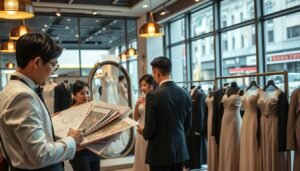 A bustling Taipei tailor shop specializing in elegant formal attire. In the foreground, a well-dressed consultant assists a couple, showcasing exquisite fabric swatches and detailed garment patterns. The middle ground features a display of stunning gowns and suits, organized neatly on elegant racks, with warm pendant lights illuminating the intricate details. A mirror reflects the couple as they examine their attire choices, creating an engaging interaction. In the background, the vibrant streets of Taipei are subtly visible through large glass windows, highlighting the shop's urban location. The atmosphere is professional yet welcoming, inviting customers to explore their options. The lighting is soft, enhancing the elegant decor and creating a luxurious ambiance, perfect for a consumer-oriented experience in the fashion industry.