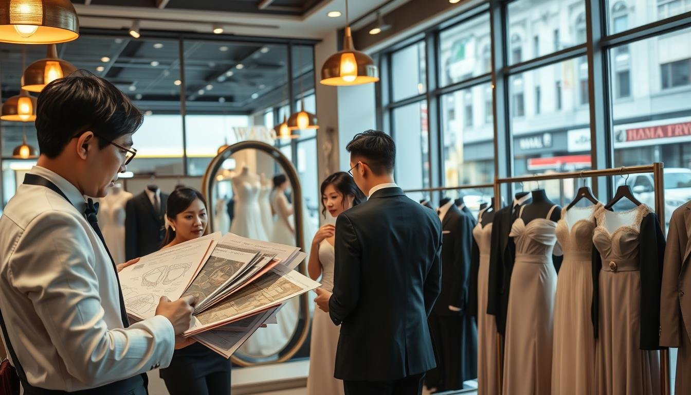 A bustling Taipei tailor shop specializing in elegant formal attire. In the foreground, a well-dressed consultant assists a couple, showcasing exquisite fabric swatches and detailed garment patterns. The middle ground features a display of stunning gowns and suits, organized neatly on elegant racks, with warm pendant lights illuminating the intricate details. A mirror reflects the couple as they examine their attire choices, creating an engaging interaction. In the background, the vibrant streets of Taipei are subtly visible through large glass windows, highlighting the shop's urban location. The atmosphere is professional yet welcoming, inviting customers to explore their options. The lighting is soft, enhancing the elegant decor and creating a luxurious ambiance, perfect for a consumer-oriented experience in the fashion industry.