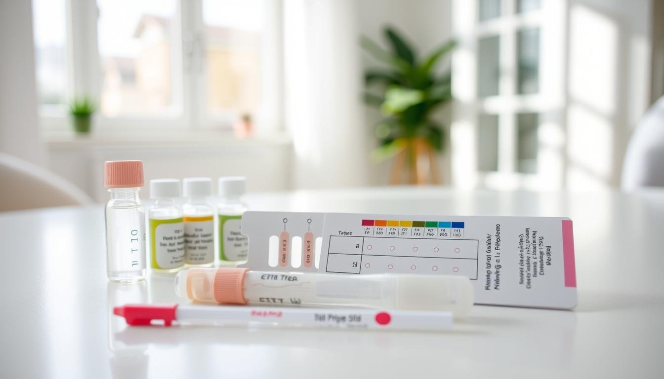 A close-up composition of a home testing kit for sexually transmitted infections (STIs), specifically for HIV and syphilis, placed on a clean, sanitized surface. The kit is neatly organized with all necessary components visible, such as test vials, pipettes, and a color indicator chart, highlighting the meticulous nature of self-testing. In the background, a bright, well-lit room conveys a sense of safety and clarity, with soft natural light filtering through a nearby window. The mood is educational and informative, promoting a sense of responsibility and awareness. The scene is devoid of any human figures, maintaining focus on the testing kit and emphasizing hygiene and precision in the home testing process.