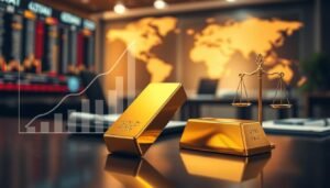 A detailed visual representation illustrating the factors influencing the highest gold price per tael. In the foreground, a sleek, polished gold bar gleams under soft, warm lighting, showcasing its clarity and richness. Surrounding the gold bar are symbolic elements such as a rising line graph showcasing price trends, international currency signs representing market dynamics, and small, elegant scales indicating balance and value. In the middle ground, a sophisticated office desk is equipped with financial reports and a laptop, suggesting analysis and research. In the background, blurred silhouettes of stock market screens and a world map hint at the global economy's reach. The atmosphere conveys a sense of seriousness and professionalism, encouraging viewers to contemplate the complexities of gold pricing. The shot is taken from a slight angle to enhance depth, with a shallow focus on the gold bar, ensuring it remains the focal point.
