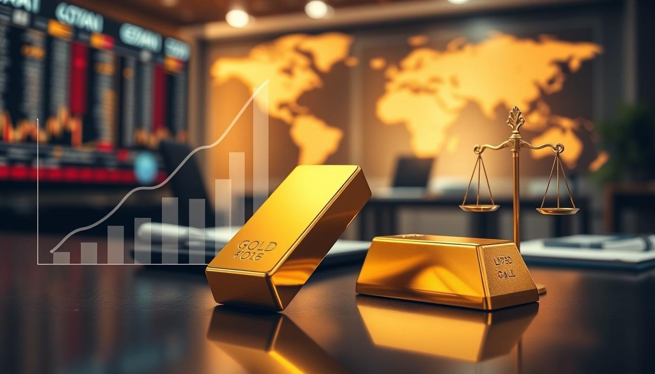 A detailed visual representation illustrating the factors influencing the highest gold price per tael. In the foreground, a sleek, polished gold bar gleams under soft, warm lighting, showcasing its clarity and richness. Surrounding the gold bar are symbolic elements such as a rising line graph showcasing price trends, international currency signs representing market dynamics, and small, elegant scales indicating balance and value. In the middle ground, a sophisticated office desk is equipped with financial reports and a laptop, suggesting analysis and research. In the background, blurred silhouettes of stock market screens and a world map hint at the global economy's reach. The atmosphere conveys a sense of seriousness and professionalism, encouraging viewers to contemplate the complexities of gold pricing. The shot is taken from a slight angle to enhance depth, with a shallow focus on the gold bar, ensuring it remains the focal point.