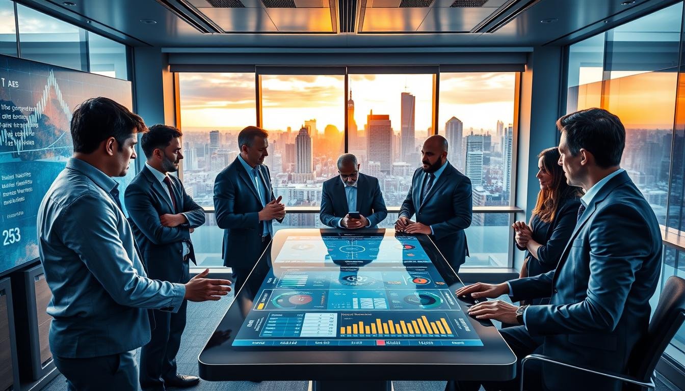A dynamic sports analysis scene set in a modern, sleek office environment. In the foreground, a diverse group of professional individuals, dressed in business attire, intensely discusses strategies on large digital screens displaying statistics and player data. The middle layer features an interactive touchscreen table with visual data charts and sporting event schedules. In the background, large windows reveal a vibrant city skyline, illuminated by the golden hues of sunset, creating an energetic atmosphere. The lighting is bright and professional, focusing on the team members’ expressions of concentration. The overall mood is one of anticipation and engagement, capturing the excitement of pre-game analysis for sports events.
