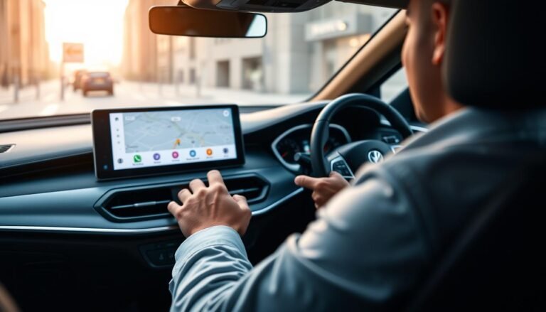A modern car interior featuring an advanced infotainment system displaying the CarPlay interface on a large touchscreen. In the foreground, the screen showcases a vibrant map with smooth transitions and animated elements, symbolizing performance enhancement. The middle ground presents a driver's hands on the steering wheel, focused and engaged, dressed in smart casual attire. The background includes soft, ambient lighting highlighting the sleek lines of the car’s dashboard, with hints of cityscape visible through the windows, creating a sense of motion and connectivity. The mood is professional yet inviting, emphasizing the relationship between system cache management and seamless user experience in CarPlay.