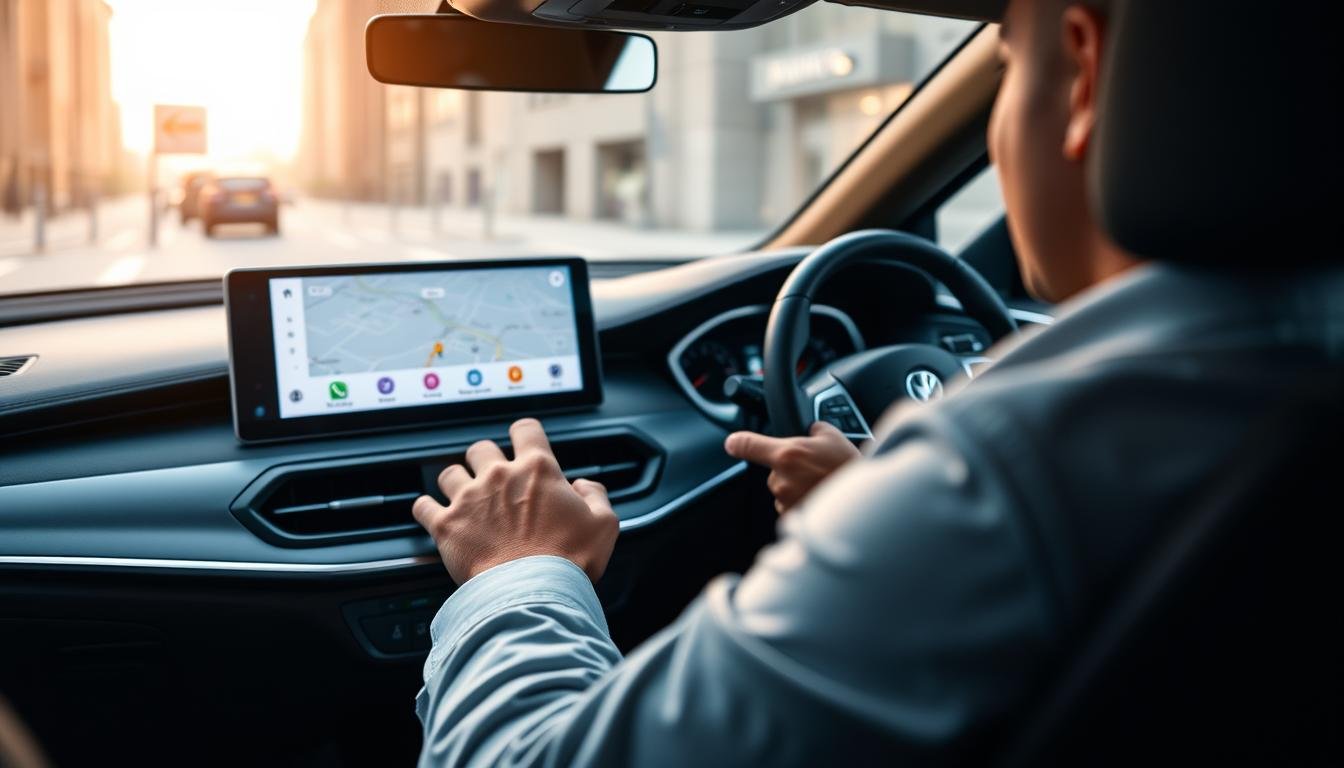 A modern car interior featuring an advanced infotainment system displaying the CarPlay interface on a large touchscreen. In the foreground, the screen showcases a vibrant map with smooth transitions and animated elements, symbolizing performance enhancement. The middle ground presents a driver's hands on the steering wheel, focused and engaged, dressed in smart casual attire. The background includes soft, ambient lighting highlighting the sleek lines of the car’s dashboard, with hints of cityscape visible through the windows, creating a sense of motion and connectivity. The mood is professional yet inviting, emphasizing the relationship between system cache management and seamless user experience in CarPlay.