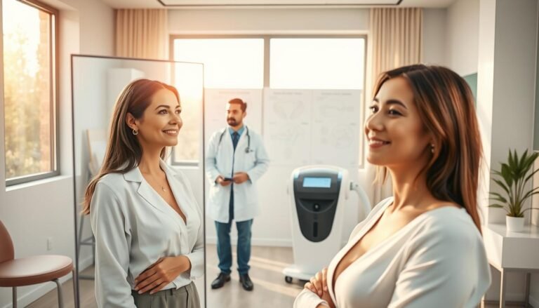 A serene and modern clinic interior showcasing a professional environment focused on non-invasive breast enhancement methods. In the foreground, a confident woman in modest, professional attire examines her reflection in a large mirror with a soft smile, embodying satisfaction with her results. In the middle ground, a medical professional, dressed in lab coat and scrubs, is discussing a high-tech device that stimulates fat cell proliferation, with detailed diagrams displayed in the background. Warm, natural lighting filters through large windows, creating an uplifting and optimistic atmosphere. The room is adorned with calming colors and modern decor, suggesting a blend of technology and wellness, inviting viewers to consider the advancements in aesthetic medicine.