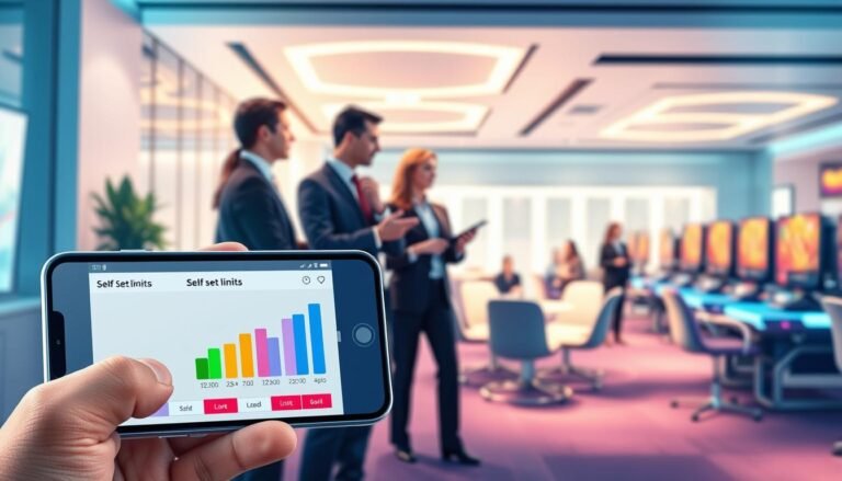 A visually striking illustration depicting the benefits of the self-limit feature in the 3A gaming platform. In the foreground, a professional-looking interface of a user-friendly app showing self-set limits on a smartphone or tablet, with colorful graphs representing responsible gaming behavior. In the middle layer, a diverse group of individuals dressed in business attire discussing the advantages of responsible gaming in a well-lit, modern office space, showcasing a collaborative atmosphere. The background features a sleek, bright gaming lounge with ambient lighting, emphasizing a safe and engaging environment for players. Soft shadows enhance the professional vibe, and a sense of positivity and empowerment envelops the scene, suggesting control and moderation in gaming activities.