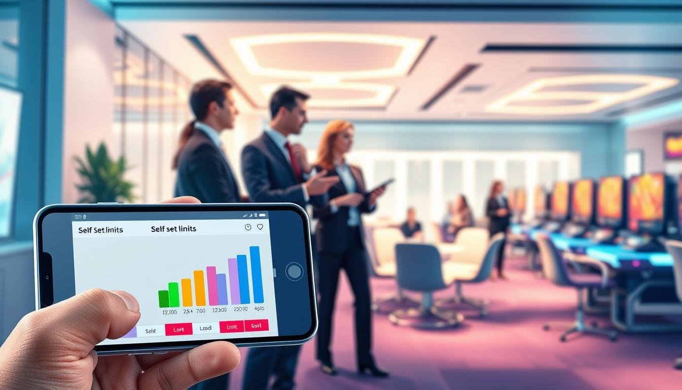 A visually striking illustration depicting the benefits of the self-limit feature in the 3A gaming platform. In the foreground, a professional-looking interface of a user-friendly app showing self-set limits on a smartphone or tablet, with colorful graphs representing responsible gaming behavior. In the middle layer, a diverse group of individuals dressed in business attire discussing the advantages of responsible gaming in a well-lit, modern office space, showcasing a collaborative atmosphere. The background features a sleek, bright gaming lounge with ambient lighting, emphasizing a safe and engaging environment for players. Soft shadows enhance the professional vibe, and a sense of positivity and empowerment envelops the scene, suggesting control and moderation in gaming activities.