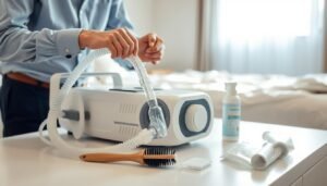 A close-up view of a clean and well-maintained CPAP machine, showcasing its soft tubing, filters, and water chamber, organized on a bright, clean countertop. In the foreground, a technician wearing smart casual attire is inspecting the soft tubing, demonstrating careful maintenance. In the middle ground, neatly arranged cleaning supplies, such as brushes and disinfectant wipes, add a professional touch. The background features a softly-lit, serene bedroom environment, exuding a calming atmosphere. Gentle daylight filters through a nearby window, creating soft shadows that emphasize the importance of hygiene in sleep therapy equipment. The focus should be on the intricate details of the machine and the technician's expert handling, conveying a sense of responsibility and care in maintaining optimal health.