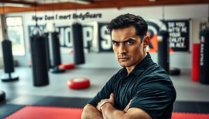 A focused and determined bodyguard stands in a dynamic martial arts training scene, embodying psychological resilience and readiness. In the foreground, the bodyguard, dressed in professional black attire, displays a defensive posture with intense concentration on their face. The middle ground showcases a sparring mat surrounded by various training equipment like punching bags and focus pads, symbolizing the physical aspects of their defense tactics. In the background, a softly blurred gym setting with motivational quotes on the walls adds to the atmosphere of discipline and mental fortitude. The lighting is bright yet soft, illuminating the subject's focused expression, creating an inspirational and serious mood that reflects the mental qualities essential for a personal bodyguard.