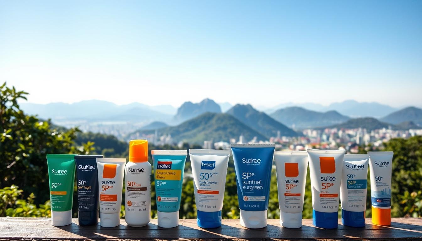 A vibrant display of a selection of sunscreen products suited for Taiwan's climate, positioned in the foreground. The sunscreens, displayed in sleek, modern packaging, should include options with varying SPF ratings, showcasing their suitability for everyday commutes and high mountain climbs. In the middle ground, a picturesque Taiwan landscape unfolds, featuring lush greenery and mountain ranges under a clear blue sky. In the background, hints of urban life blend with nature, representing the duality of daily life in Taiwan. Soft, natural lighting enhances the scene, as if it’s a sunny day, casting gentle shadows. The mood is bright and inviting, emphasizing the importance of sun protection in a tropical environment. The scene is devoid of any text, ensuring a clean visual representation for the article section.