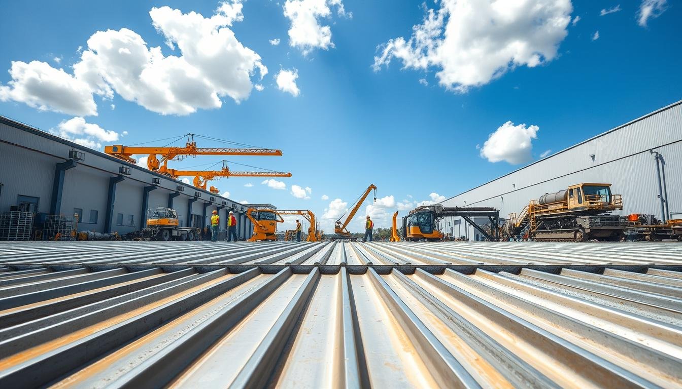 A wide-angle view of a modern industrial facility featuring flat roofing sheets. In the foreground, show a section of the roof with sleek, galvanized steel sheets reflecting natural sunlight, emphasizing their durable and practical design. In the middle, depict large industrial machinery and equipment, such as cranes and conveyor belts, surrounded by workers in professional safety gear, actively engaged in tasks. The background should include a clear blue sky, with a few fluffy clouds, enhancing the mood of efficiency and productivity. Utilize bright, natural lighting to convey a sense of openness and cleanliness. Angle the shot from slightly below eye level, capturing the impressive scale of the facility and the roofing system. Avoid any text or logos in the image.