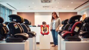 A detailed guide on selecting children's safety car seats, displayed visually with a clear, informative design. In the foreground, several models of safety seats are arranged on sleek pedestals, showcasing various features such as adjustable straps, safety ratings, and comfortable cushioning. In the middle ground, a thoughtful parent examines the options, dressed in modest casual attire, while a child playfully engages with a colorful car seat. The background features a well-lit, modern showroom with soft ambient lighting, enhancing the sense of professionalism. The atmosphere conveys trust and safety, emphasizing the practicality of making informed decisions about child safety. The scene is captured from a slightly elevated angle, focusing on both the seats and the interactions between the parent and the child.