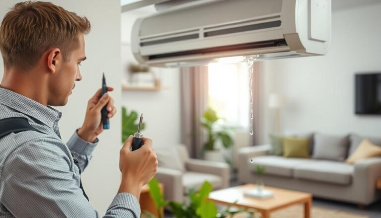 A detailed scene depicting an air conditioning unit being serviced in a modern, well-lit residential environment. In the foreground, a technician in professional attire examines the unit with tools in hand, focused on identifying the source of water leakage. The middle ground features the air conditioning unit with visible water droplets, showcasing a maintenance procedure. In the background, a clean, organized living room setting suggests comfort and professionalism, with soft natural light filtering through a window, illuminating the scene. The mood is one of diligence and expertise, emphasizing the importance of regular AC maintenance to prevent issues like water leakage.