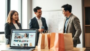 A diverse group of three individuals, one Caucasian woman and two Asian men, in a modern office environment discussing the process of purchasing items from the United States through a buying service. In the foreground, a laptop displays a webpage with an American shopping site, alongside shopping bags filled with products. The middle ground features a whiteboard filled with notes and diagrams, illustrating the steps involved in the buying process. In the background, large windows let in soft natural light, casting a warm glow across the room. The atmosphere is professional yet collaborative, with an emphasis on clear communication and guidance, showcasing the excitement of international shopping. The individuals wear smart, casual business attire, contributing to the engaging and informative mood.