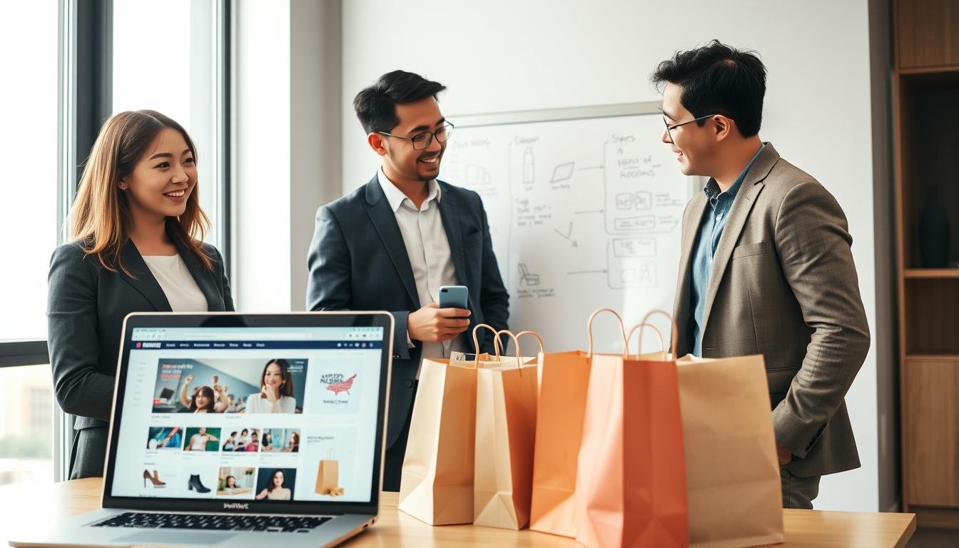 A diverse group of three individuals, one Caucasian woman and two Asian men, in a modern office environment discussing the process of purchasing items from the United States through a buying service. In the foreground, a laptop displays a webpage with an American shopping site, alongside shopping bags filled with products. The middle ground features a whiteboard filled with notes and diagrams, illustrating the steps involved in the buying process. In the background, large windows let in soft natural light, casting a warm glow across the room. The atmosphere is professional yet collaborative, with an emphasis on clear communication and guidance, showcasing the excitement of international shopping. The individuals wear smart, casual business attire, contributing to the engaging and informative mood.